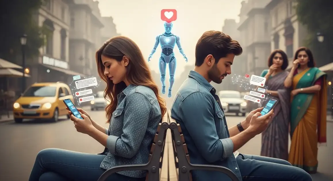 Smartphone screen showing AI chatbot interface with heart icons and romantic texts, set against a vibrant Indian Gen Z cityscape with concerned parents in the background.