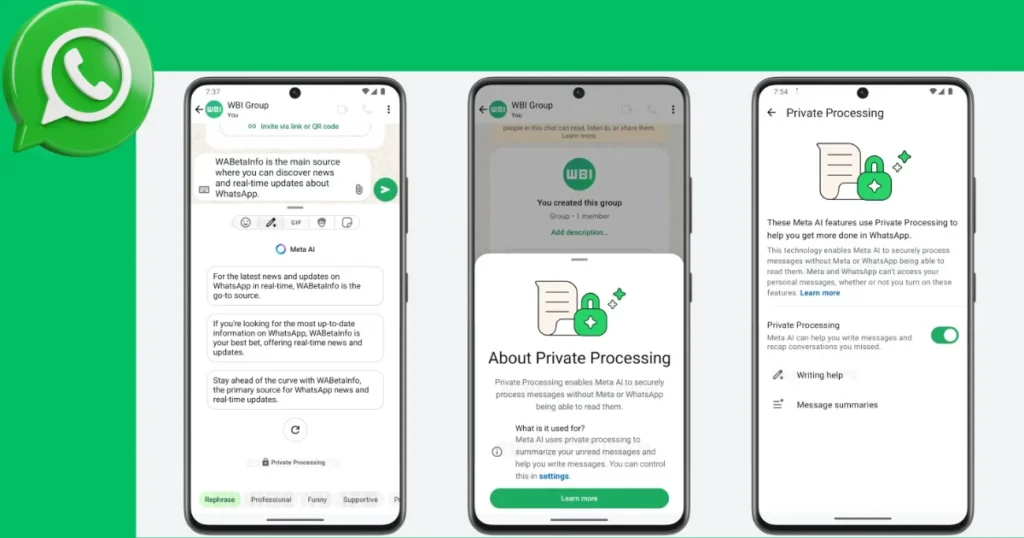 WhatsApp मैसेज ड्राफ्ट के ऊपर AI Writing Help सुझाव दिखाई दे रहे हैं