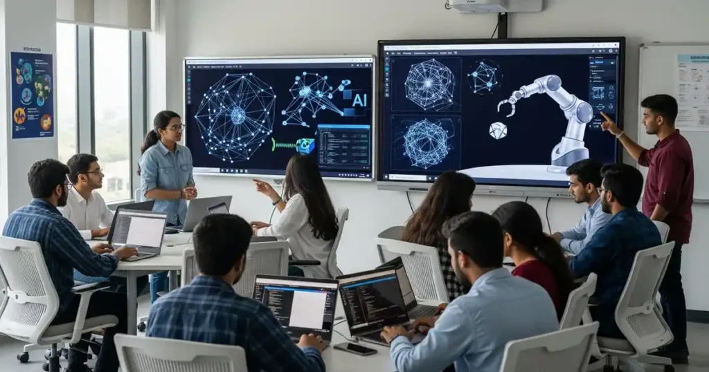 Indian students learning AI and machine learning concepts in a modern classroom with digital visualisations.