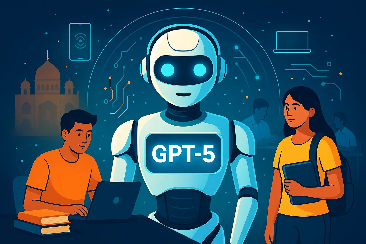 Illustration of Chat GPT 5 launch date in India, showing a futuristic AI chatbot surrounded by Indian students, books, and tech gadgets, symbolizing AI adoption in education.