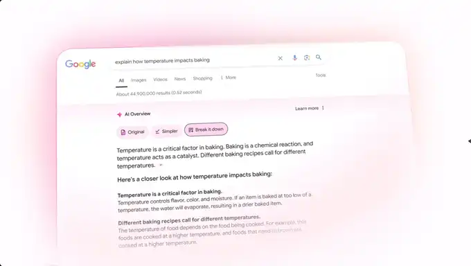 Google AI Overviews showing an AI-generated summary about the impact of temperature on baking, with options to simplify or break down the content.