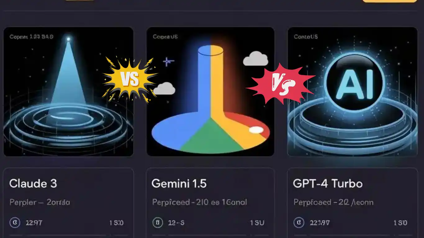 Visual comparison of Claude 3, Gemini 1.5, and GPT-4 Turbo AI tools on a digital dashboard, with icons, feature