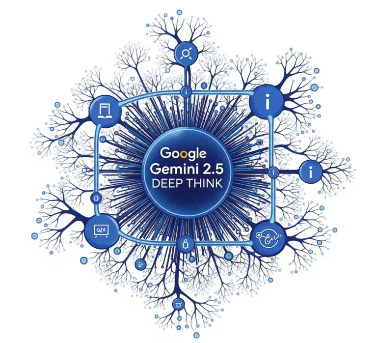 bstract digital illustration representing Google Gemini 2.5 Deep Think. A central, glowing blue sphere with the text "Google Gemini 2.5 DEEP THINK" is surrounded by interconnected nodes and branching lines, symbolizing complex neural networks and deep processing. Icons representing data, information, code, and analysis are integrated within the network.