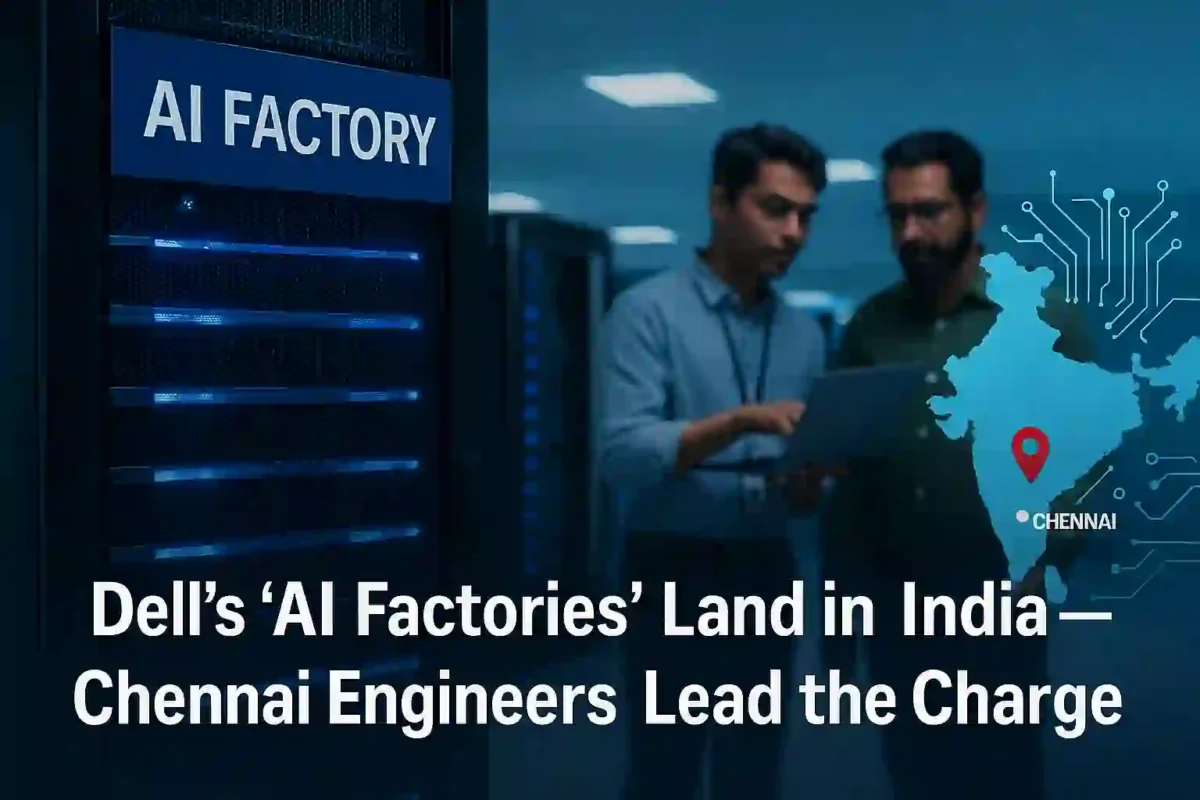 Indian IT engineers in a modern data center beside Dell’s AI Factory setup, with a digital map highlighting Chennai, India.