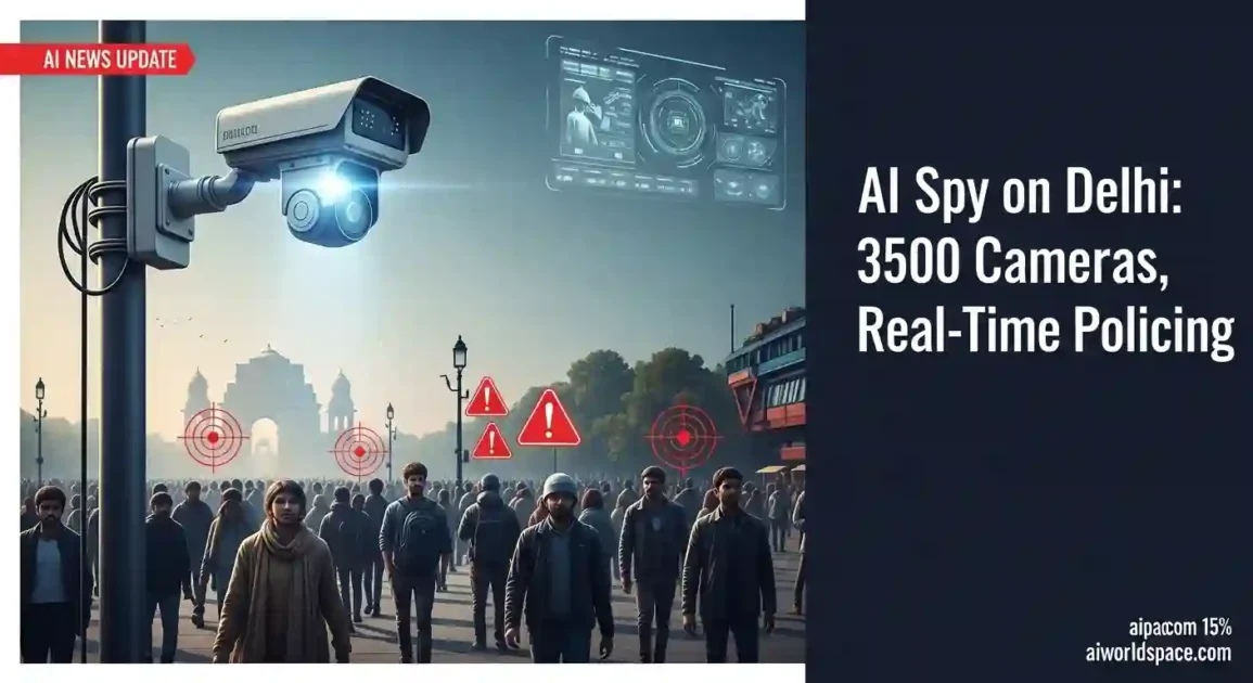 AI-powered surveillance camera monitoring a busy street in Delhi with real-time alerts, showcasing India’s Safe City initiative using smart policing technology