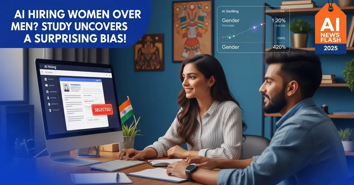 Indian office scene with a woman and man reviewing AI hiring results, showing a preference for women, with “AI Hiring Bias 2025” watermark.