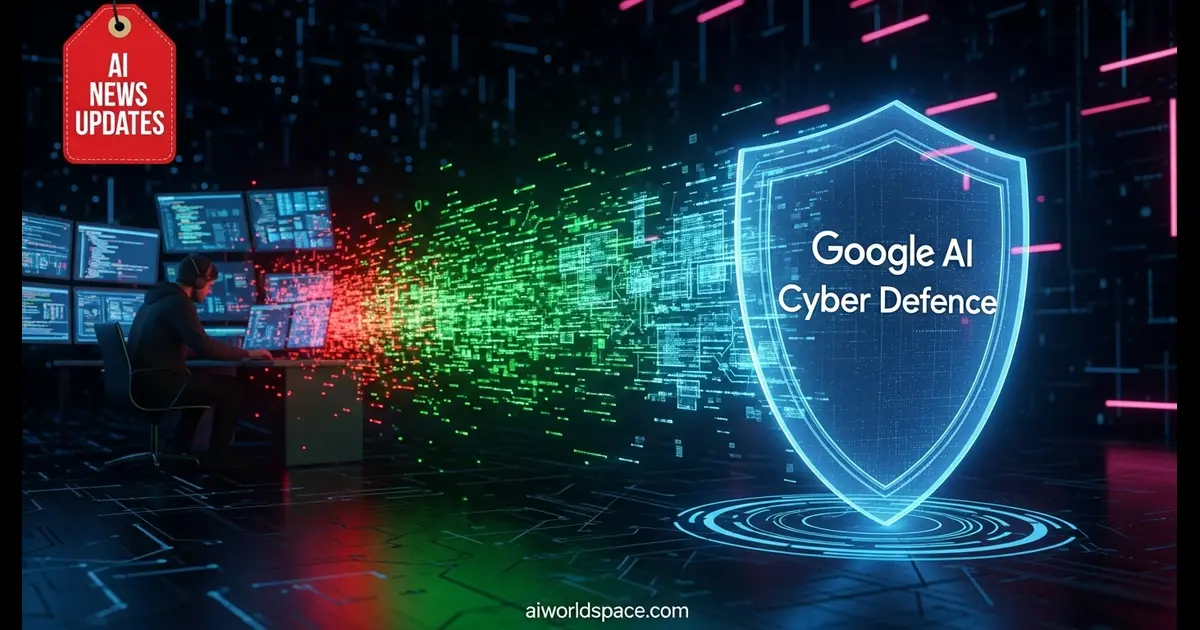 AI shield blocks cyber attack in real-time, concept art showing digital protection by Google AI.