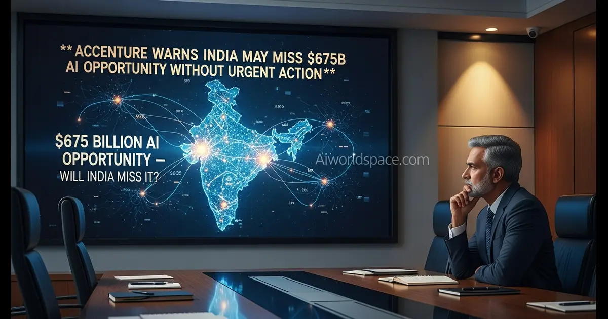Indian professionals discuss the $675B AI opportunity as a warning message displays on a digital screen.