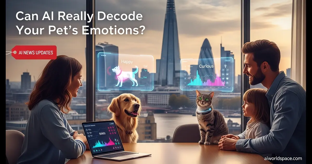 “Researchers in a London AI lab using smart tools to understand dog and cat emotions through artificial intelligence.”