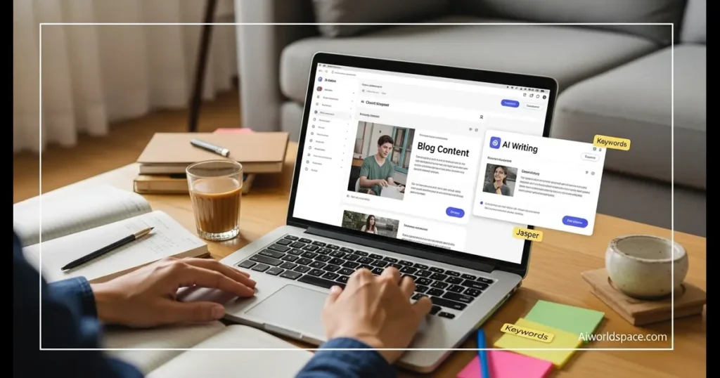 An Indian freelancer uses AI content writing tools to generate marketing blogs for clients from a home-based setup.