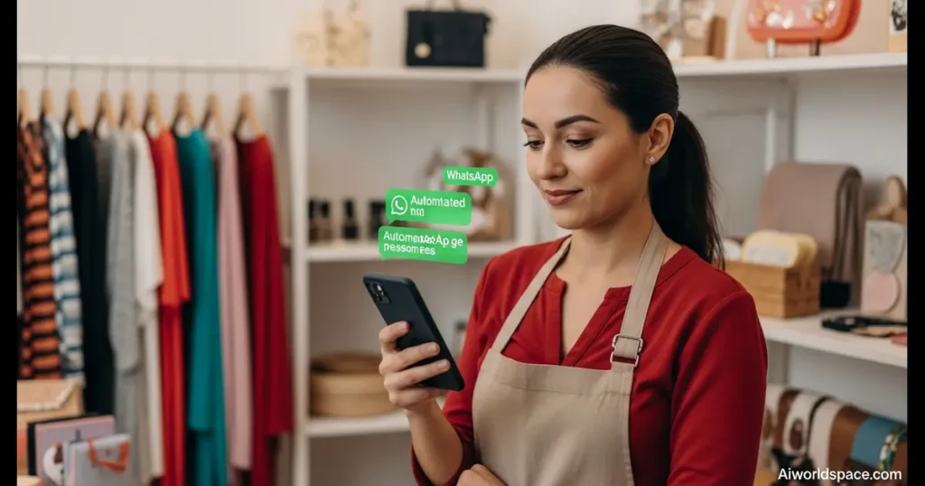 A boutique owner in India monitors her AI-powered WhatsApp chatbot handling customer messages while she manages her store.