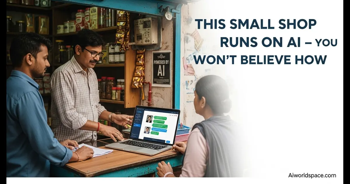 Indian small shop owner using an AI chatbot on laptop while assisting a customer in-store — showing AI adoption in local business.