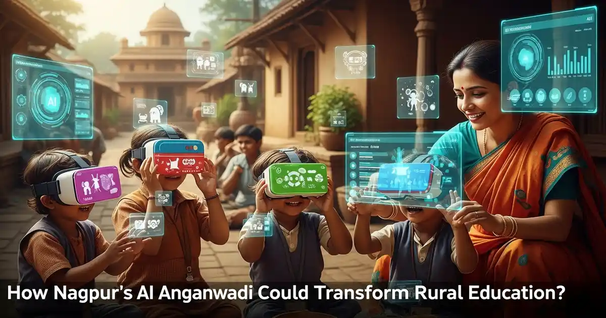 Children at India's first AI-powered Anganwadi in Nagpur's Waddhamna village using VR technology for learning, showcasing the blend of traditional child care with cutting-edge educational innovation.