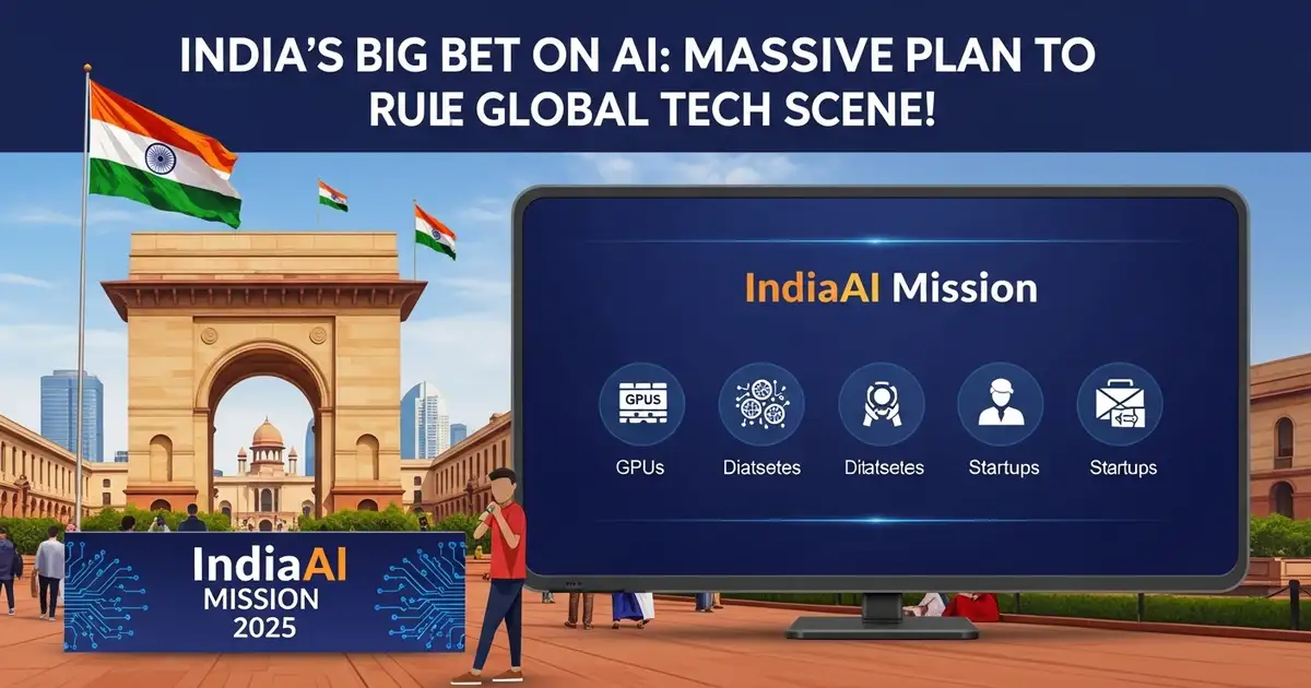 IndiaAI Mission:Futuristic Indian tech hub with a digital “IndiaAI Mission” dashboard highlighting seven pillars, featuring a coder, tricolor flag, and “IndiaAI Mission 2025” watermark, designed for SEO engagement with vibrant colors.