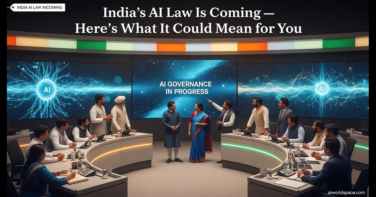 Visual showing India’s AI policy discussion room with government officials and AI law planning in progress.