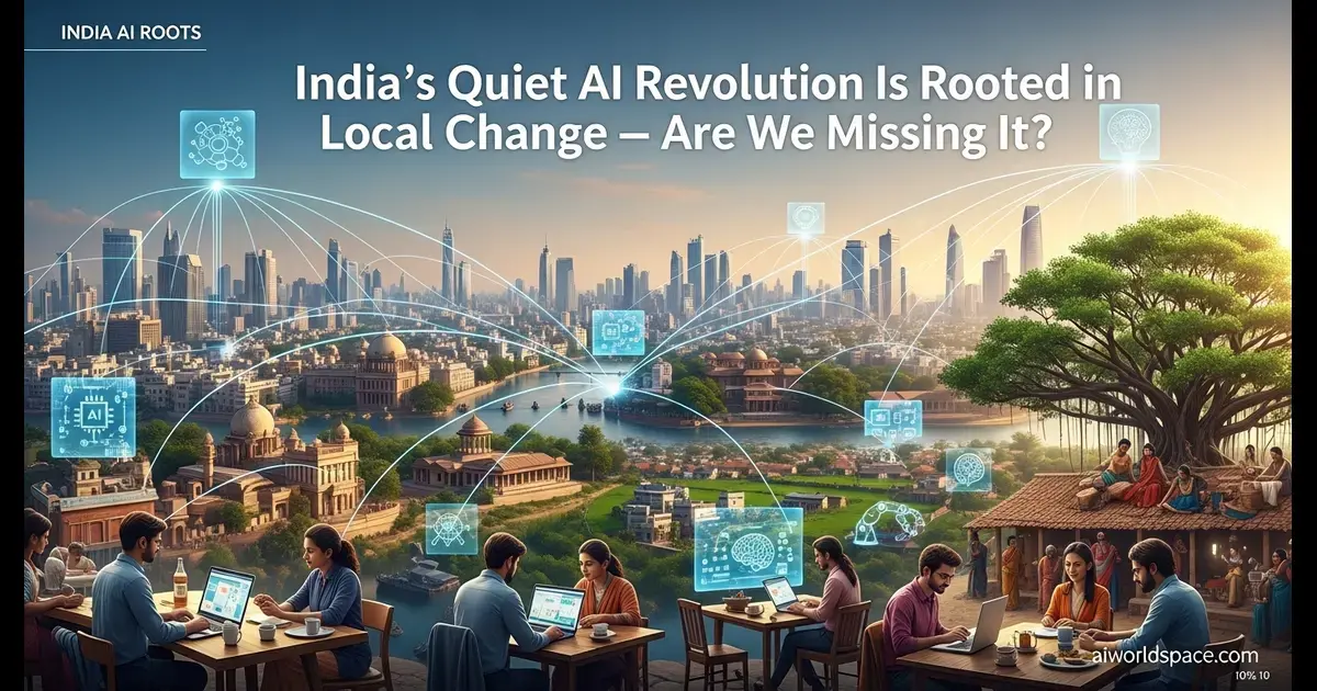“Banyan tree merging with AI network, symbolising India’s quiet digital growth across cities and rural areas”