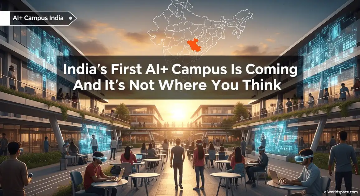India’s first AI+ Campus is coming| Futuristic AI+ campus in Amaravati, with Indian students engaging in tech activities, set against a digital map showing the city’s location.