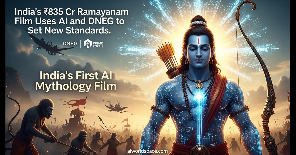 “Lord Ram in futuristic AI-style illustration with mythological backdrop — visualising India’s high-budget AI-powered Ramayanam film”