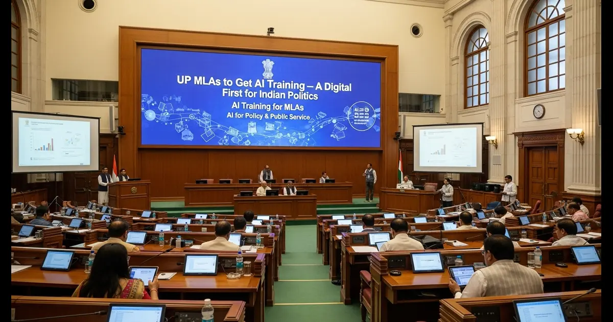 Uttar Pradesh MLAs attending an AI training session inside the Assembly, using tablets and tech-enabled presentations.