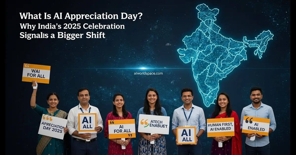 Indian professionals and students celebrating A.I. Appreciation Day 2025 with placards and quotes promoting responsible, inclusive AI.