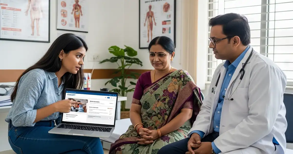 Indian woman showing ChatGPT diagnosis on laptop to doctor, saving her mother’s life in a hospital setting.