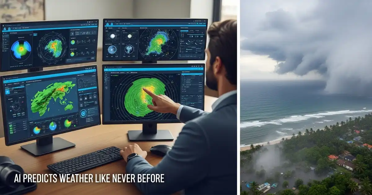 AI-powered weather forecasting system displaying real-time radar and 6-hour predictive data in a high-tech control room.