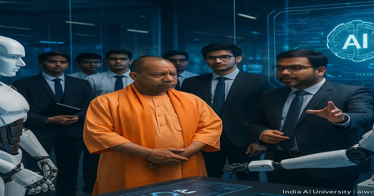 Yogi Adityanath in Lucknow visiting India’s first private AI university lab, observing AI‑powered robotics while professors explain and students watch attentively in a futuristic environment.