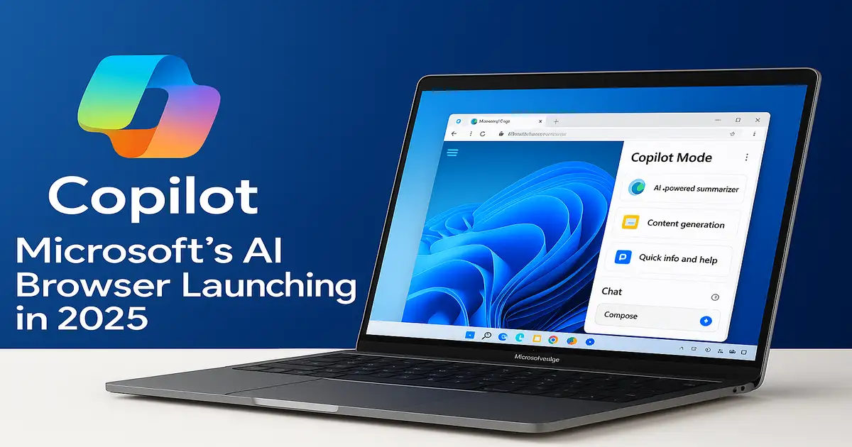 Laptop screen displaying Microsoft Edge Copilot Mode with AI assistant features, symbolizing the future of AI-powered web browsing.
