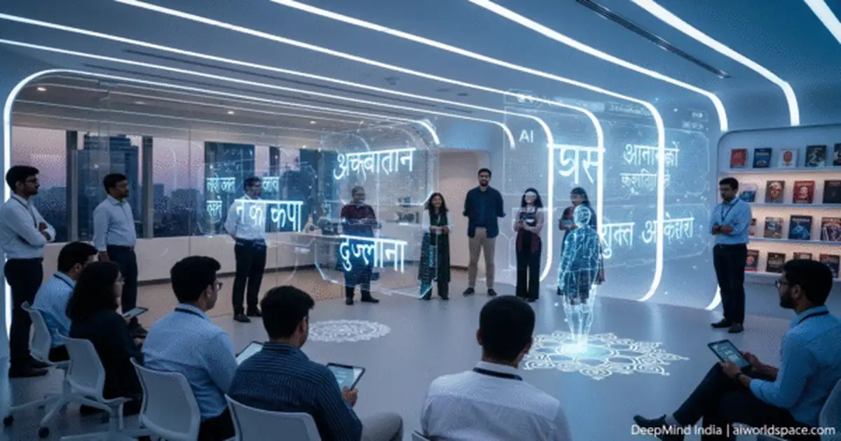 DeepMind researchers in Bengaluru showcasing AI systems fluent in Indian languages with holographic text displays of Hindi, Tamil, and Bengali.