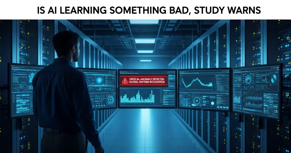 Engineer in a data center monitoring AI systems, with warning alerts showing hidden risks in synthetic training data