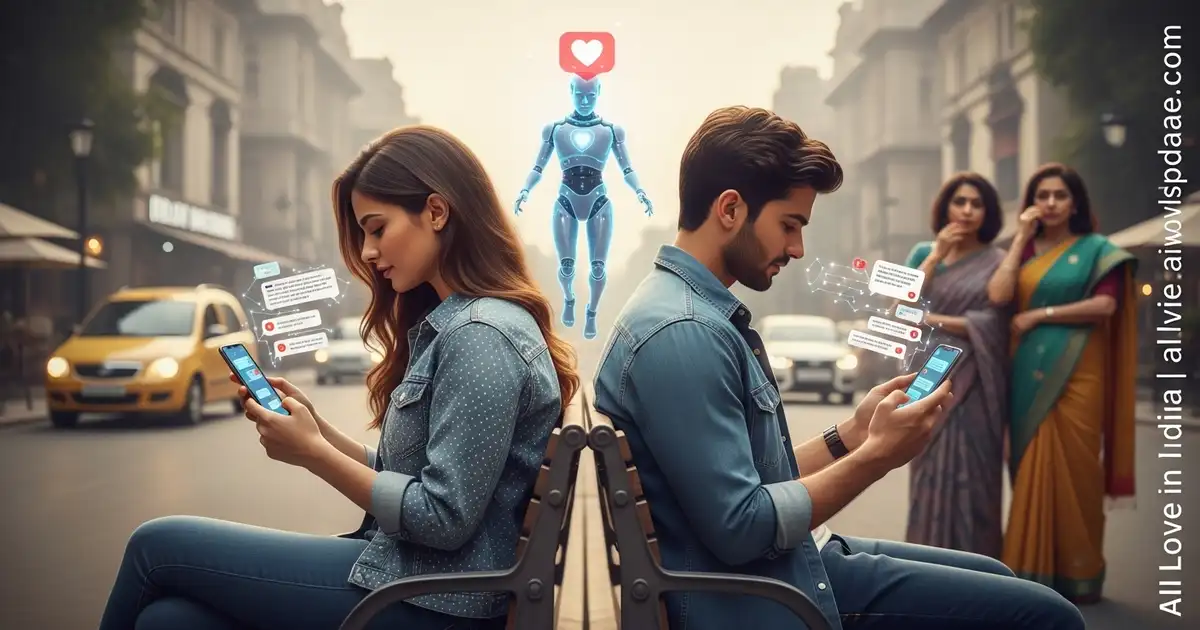 Indian Gen Z couple texting romantic messages via AI chatbots on smartphones, while a digital AI figure connects them — worried parents watching from a distance in an urban setting.