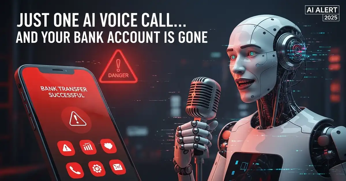 AI fraud concept showing an evil-looking robot mimicking a voice to trigger fake bank transfers, with bold text warning about voice-based scams.