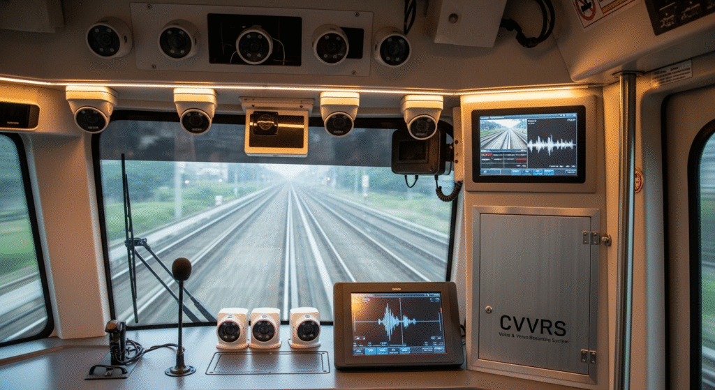 Mumbai train motorcab showing AI-powered CVVRS installation with multiple cameras and voice system