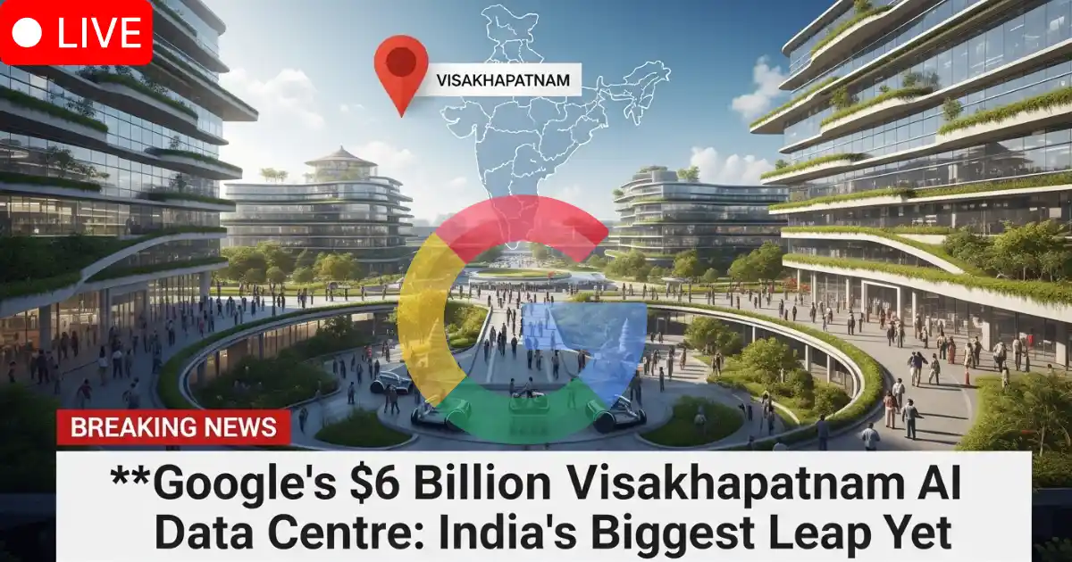 Digital illustration of Google’s $6 billion AI data centre in Visakhapatnam, Andhra Pradesh, representing India’s rise as a global AI hub.