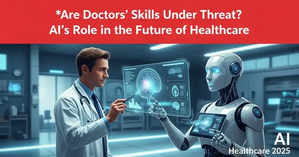 Are Doctors’ Skills Under Threat ,Doctor and AI robot jointly analysing a patient’s medical scan in a modern hospital.