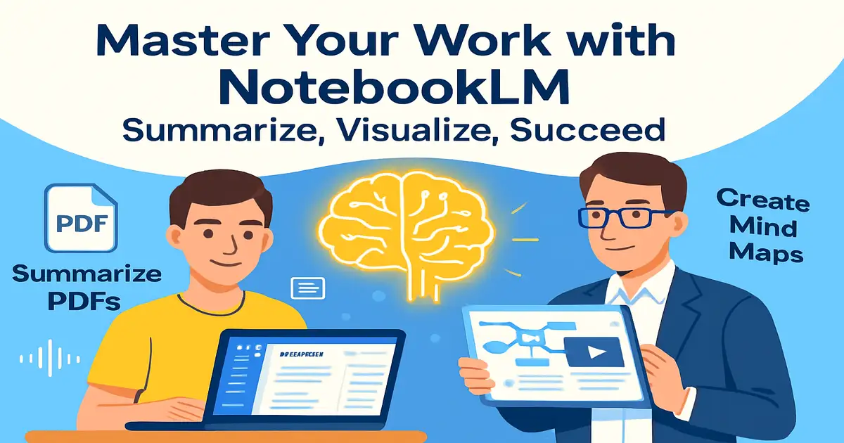 “How to use Google NotebookLM” illustrated with a student summarising PDFs on a laptop and a professional creating mind maps on a tablet, connected by a glowing AI brain, showcasing AI-powered productivity and learning.