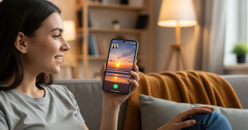 WhatsApp video call showing AI-generated office background