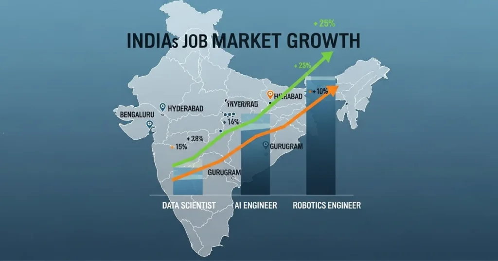 Infographic showing AI job market growth in India with demand for data scientists, AI engineers, and robotics experts.