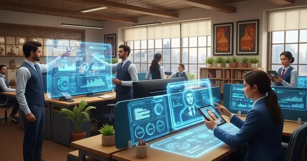 Indian office employees working with AI-powered tools and digital assistants on futuristic dashboards.