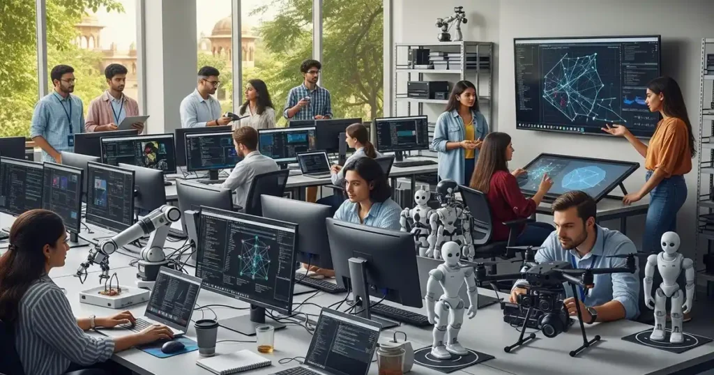 Students and researchers at an AI lab in Uttar Pradesh, collaborating on AI projects with computers and robotics in a university setting