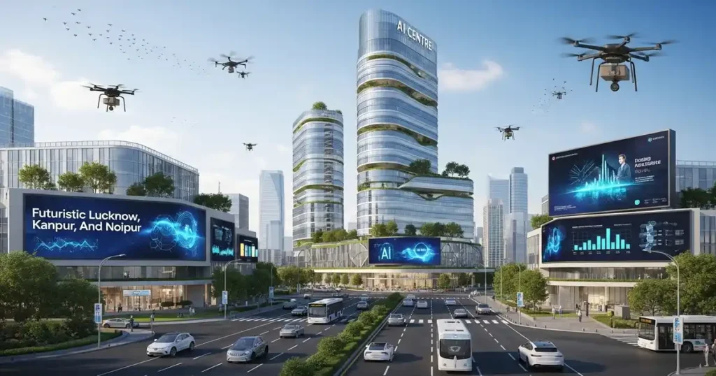 Futuristic AI centre in Uttar Pradesh cityscape, highlighting technology, EVs, and digital innovation in Lucknow, Noida, or Kanpur
