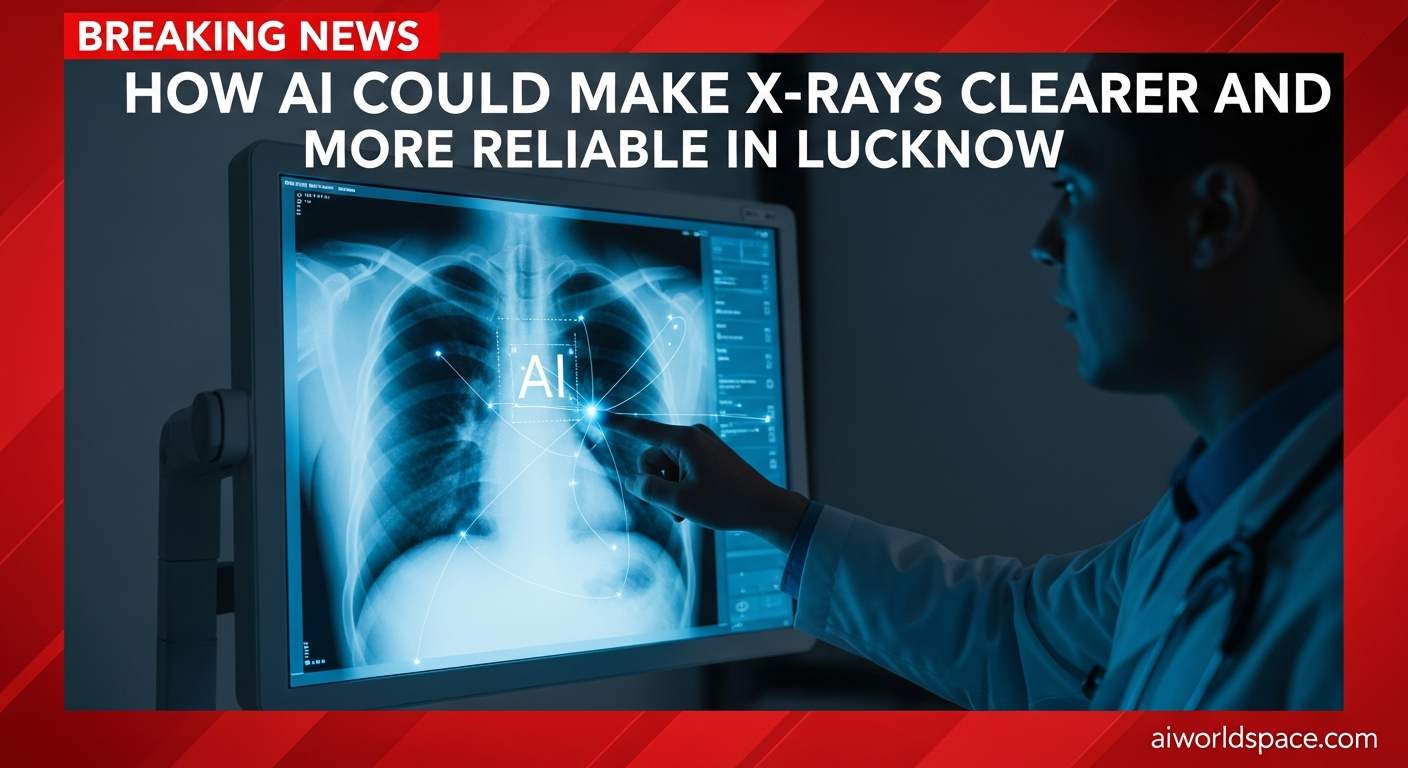 A doctor analyzing an X-ray on a digital screen with an AI interface highlighting details.