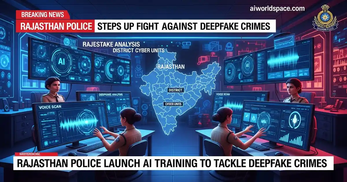 Rajasthan Police officers examining digital screens showing deepfake detection alerts, voice-cloning analysis panels, and a cybercrime map of Rajasthan in a modern AI lab.